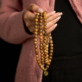 Buddha Gift 108 Beads Picture Jasper Mala Lotus Courage Bracelet
