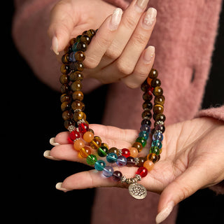 Buddha Gift 108 Mala Beads Natural Stone Tiger Eye Colored Beads Lotus Protection Bracelet