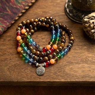 Buddha Gift 108 Mala Beads Natural Stone Tiger Eye Colored Beads Lotus Protection Bracelet