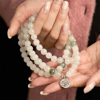 Buddha Gift 108 Mala Beads Natural Tianshan Jade Lotus Luck Bracelet