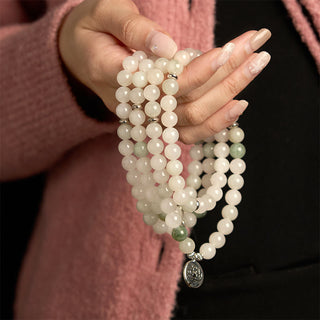 Buddha Gift 108 Mala Beads Natural Tianshan Jade Lotus Luck Bracelet