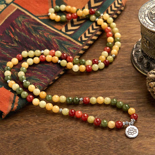 Buddha Gift 108 Mala Beads Natural Colored Stone Topaz Red Jasper Green Jasper Lotus Protection Bracelet