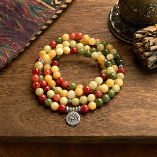 Buddha Gift 108 Mala Beads Natural Colored Stone Topaz Red Jasper Green Jasper Lotus Protection Bracelet