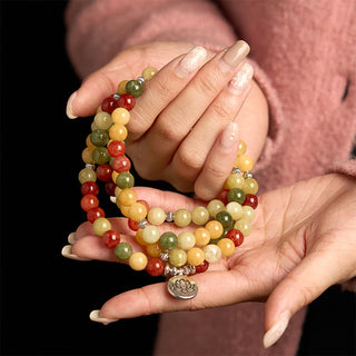 Buddha Gift 108 Mala Beads Natural Colored Stone Topaz Red Jasper Green Jasper Lotus Protection Bracelet