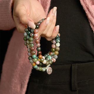 Buddha Gift 108 Mala Beads Natural Stone Indian Agate Lotus Calm Bracelet