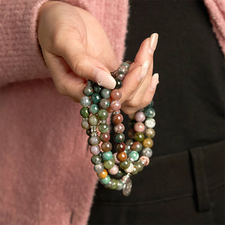 Buddha Gift 108 Mala Beads Natural Stone Indian Agate Lotus Calm Bracelet