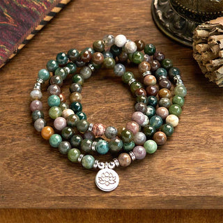 Buddha Gift 108 Mala Beads Natural Stone Indian Agate Lotus Calm Bracelet