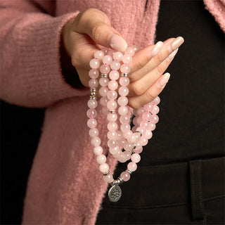 Buddha Gift 108 Mala Beads Natural Stone Rose Quartz Lotus Peace Bracelet