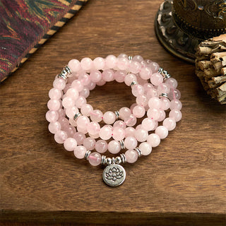 Buddha Gift 108 Mala Beads Natural Stone Rose Quartz Lotus Peace Bracelet