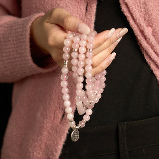 Buddha Gift 108 Mala Beads Natural Stone Rose Quartz Lotus Peace Bracelet