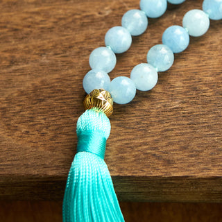 Buddha Gift 108 Mala Beads Natural Stone Aquamarine Tassel Lotus Healing Bracelet