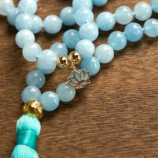 Buddha Gift 108 Mala Beads Natural Stone Aquamarine Tassel Lotus Healing Bracelet