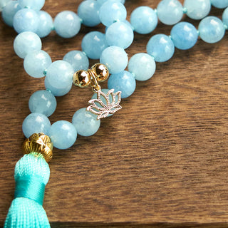 Buddha Gift 108 Mala Beads Natural Stone Aquamarine Tassel Lotus Healing Bracelet