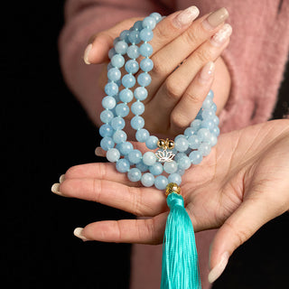 Buddha Gift 108 Mala Beads Natural Stone Aquamarine Tassel Lotus Healing Bracelet