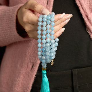 Buddha Gift 108 Mala Beads Natural Stone Aquamarine Tassel Lotus Healing Bracelet