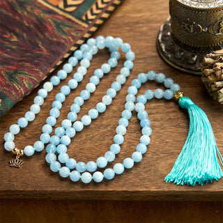 Buddha Gift 108 Mala Beads Natural Stone Aquamarine Tassel Lotus Healing Bracelet