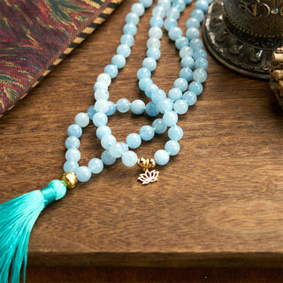 Buddha Gift 108 Mala Beads Natural Stone Aquamarine Tassel Lotus Healing Bracelet