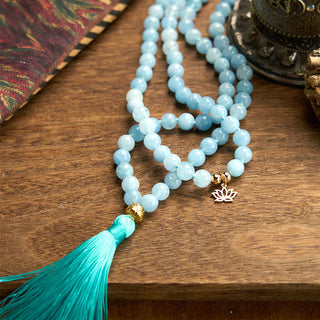 Buddha Gift 108 Mala Beads Natural Stone Aquamarine Tassel Lotus Healing Bracelet