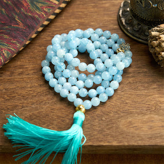 Buddha Gift 108 Mala Beads Natural Stone Aquamarine Tassel Lotus Healing Bracelet