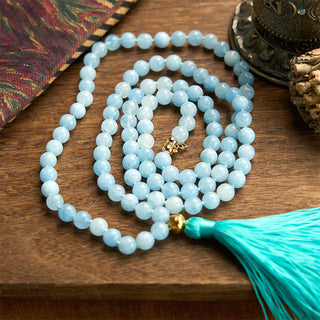 Buddha Gift 108 Mala Beads Natural Stone Aquamarine Tassel Lotus Healing Bracelet