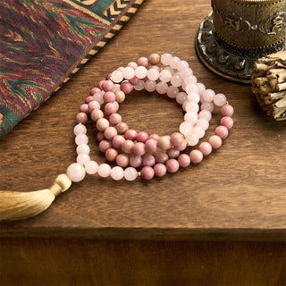 Buddha Gift 108 Mala Beads Rhodonite Rose Quartz Tassel Healing Bracelet