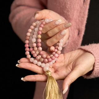 Buddha Gift 108 Mala Beads Rhodonite Rose Quartz Tassel Healing Bracelet