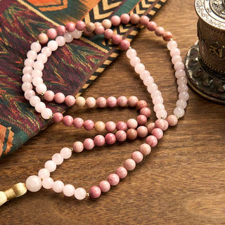 Buddha Gift 108 Mala Beads Rhodonite Rose Quartz Tassel Healing Bracelet