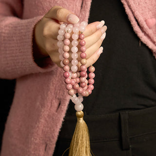 Buddha Gift 108 Mala Beads Rhodonite Rose Quartz Tassel Healing Bracelet