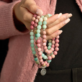 Buddha Gift 108 Mala Beads Rhodonite Amazonite Lotus Healing Bracelet