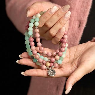 Buddha Gift 108 Mala Beads Rhodonite Amazonite Lotus Healing Bracelet