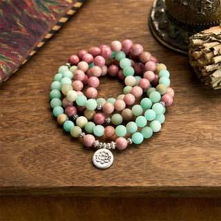 Buddha Gift 108 Mala Beads Rhodonite Amazonite Lotus Healing Bracelet