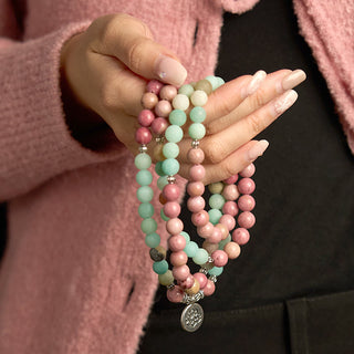 Buddha Gift 108 Mala Beads Rhodonite Amazonite Lotus Healing Bracelet