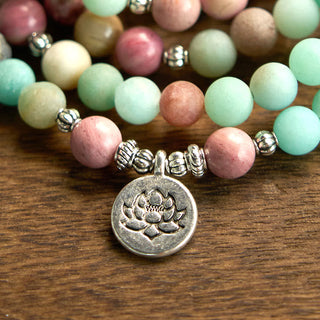 Buddha Gift 108 Mala Beads Rhodonite Amazonite Lotus Healing Bracelet