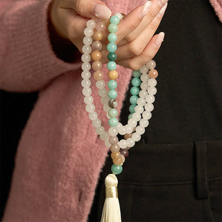 Buddha Gift 108 Mala Beads Natural White Jade Amazonite White Tassel Healing Bracelet