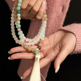 Buddha Gift 108 Mala Beads Natural White Jade Amazonite White Tassel Healing Bracelet