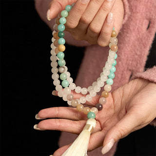 Buddha Gift 108 Mala Beads Natural White Jade Amazonite White Tassel Healing Bracelet