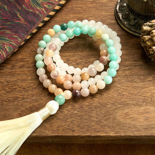 Buddha Gift 108 Mala Beads Natural White Jade Amazonite White Tassel Healing Bracelet