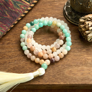 Buddha Gift 108 Mala Beads Natural White Jade Amazonite White Tassel Healing Bracelet