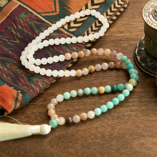 Buddha Gift 108 Mala Beads Natural White Jade Amazonite White Tassel Healing Bracelet