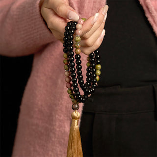 Buddha Gift 108 Mala Beads Black Jasper Rhodonite Khaki Tassel Healing Bracelet