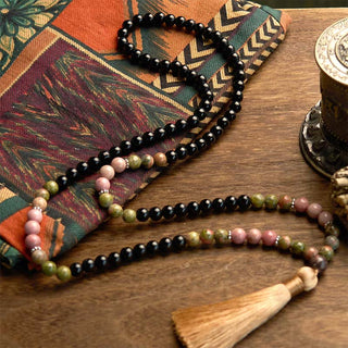 Buddha Gift 108 Mala Beads Black Jasper Rhodonite Khaki Tassel Healing Bracelet