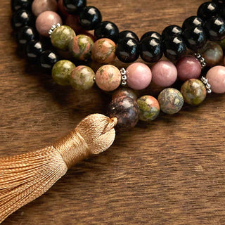 Buddha Gift 108 Mala Beads Black Jasper Rhodonite Khaki Tassel Healing Bracelet