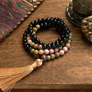 Buddha Gift 108 Mala Beads Black Jasper Rhodonite Khaki Tassel Healing Bracelet