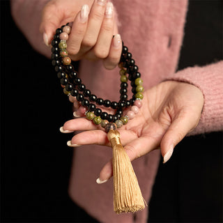 Buddha Gift 108 Mala Beads Black Jasper Rhodonite Khaki Tassel Healing Bracelet