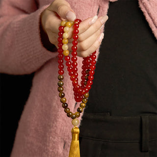 Buddha Gift 108 Mala Beads Red Agate Tiger Eye Yellow Tassel Calm Bracelet