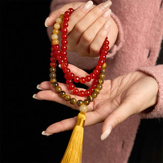 Buddha Gift 108 Mala Beads Red Agate Tiger Eye Yellow Tassel Calm Bracelet