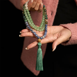 Buddha Gift 108 Mala Beads Natural Green Aventurine Blue Spot Jasper Indian Agate Green Tassel Luck Bracelet