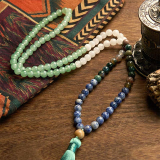 Buddha Gift 108 Mala Beads Natural Green Aventurine Blue Spot Jasper Indian Agate Green Tassel Luck Bracelet