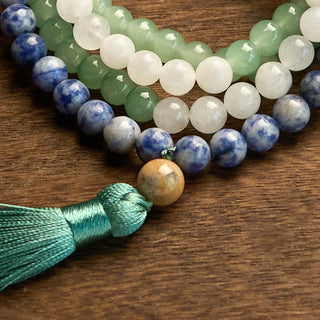 Buddha Gift 108 Mala Beads Natural Green Aventurine Blue Spot Jasper Indian Agate Green Tassel Luck Bracelet