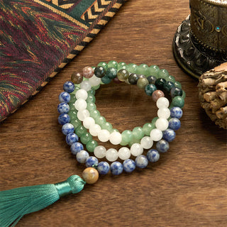 Buddha Gift 108 Mala Beads Natural Green Aventurine Blue Spot Jasper Indian Agate Green Tassel Luck Bracelet